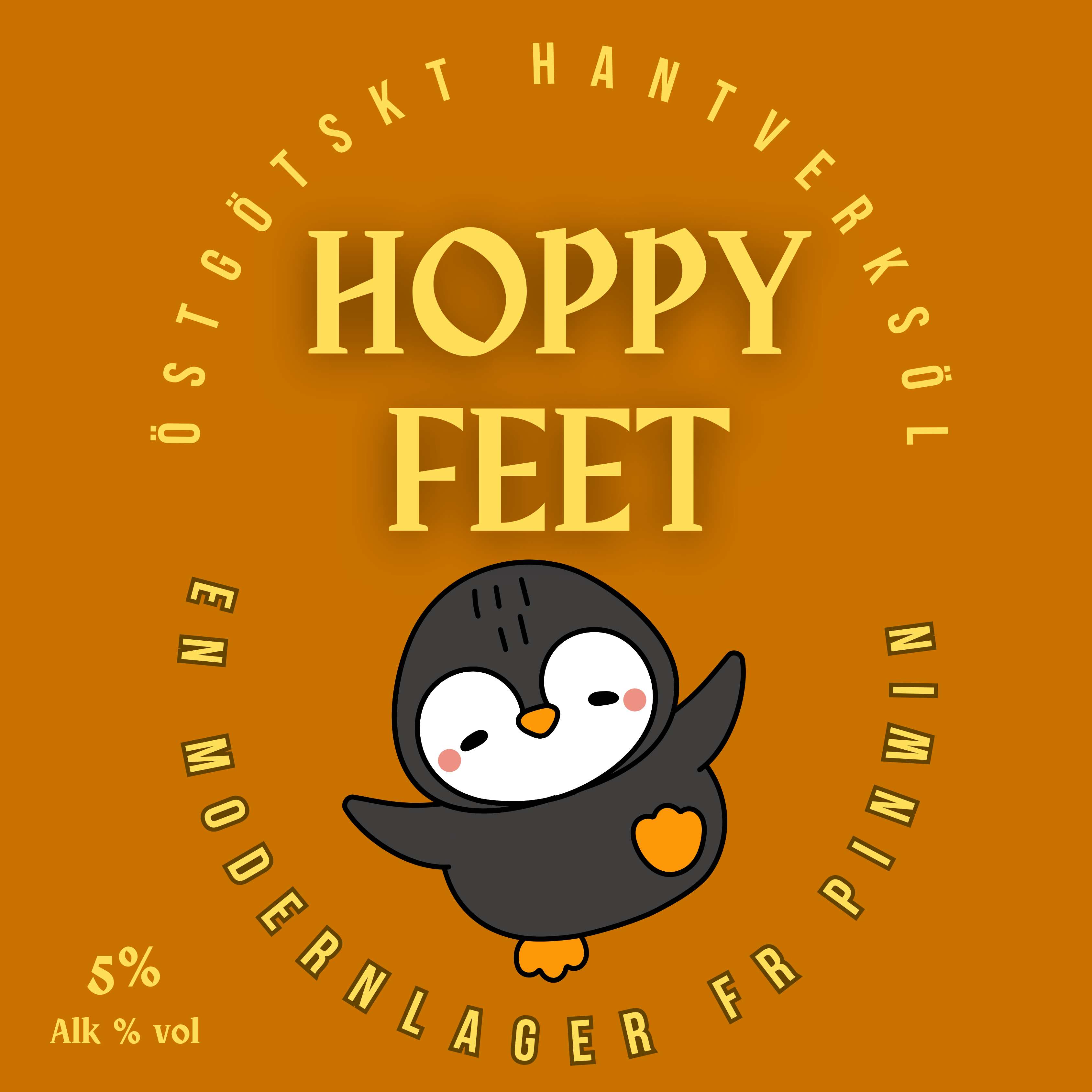 Etiketten till Hoppy Feet med orange bakgrund och en dansande pingvin.