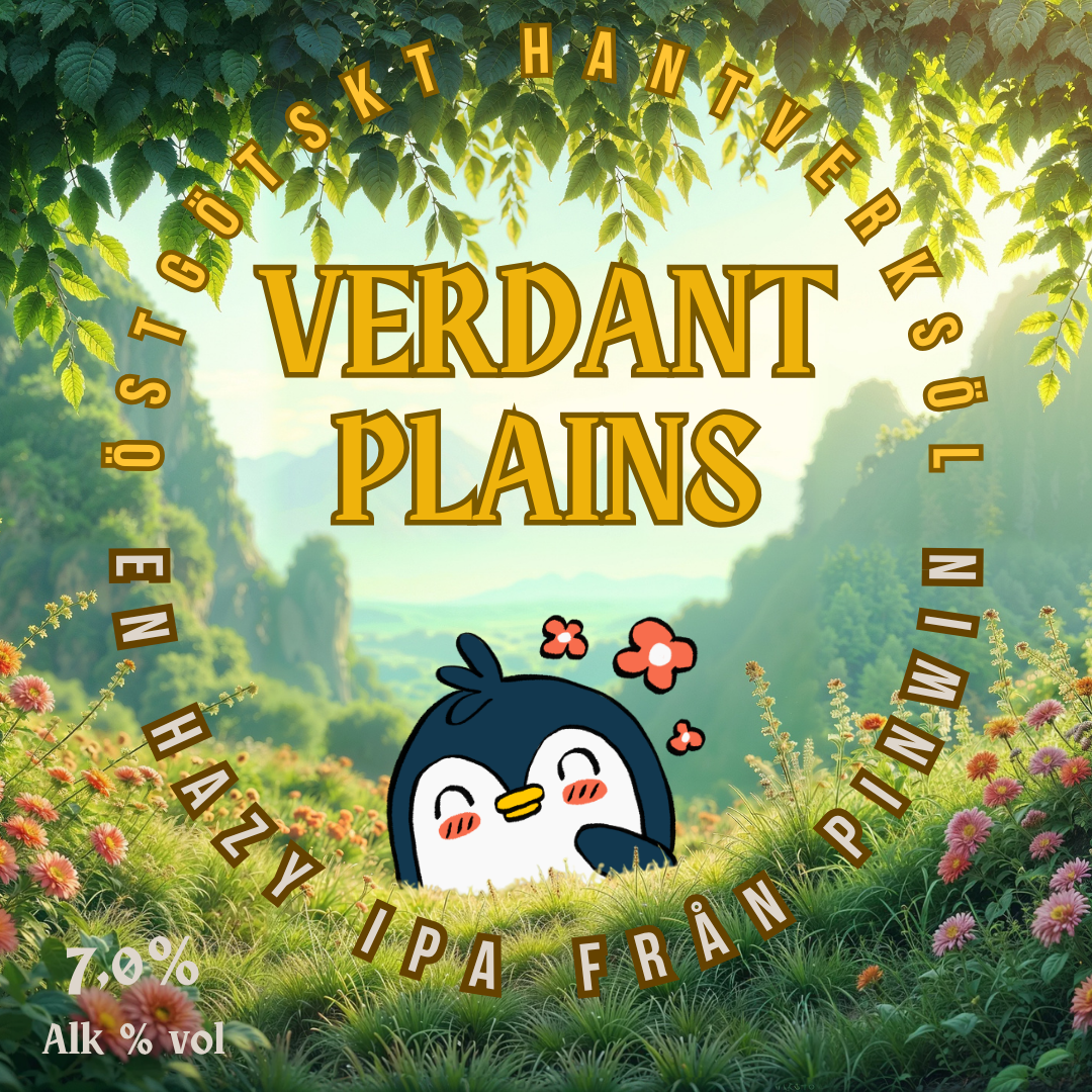 Etiketten till verdant plains. Vår pingvin, malte, tittar fram bland frodig grönska.